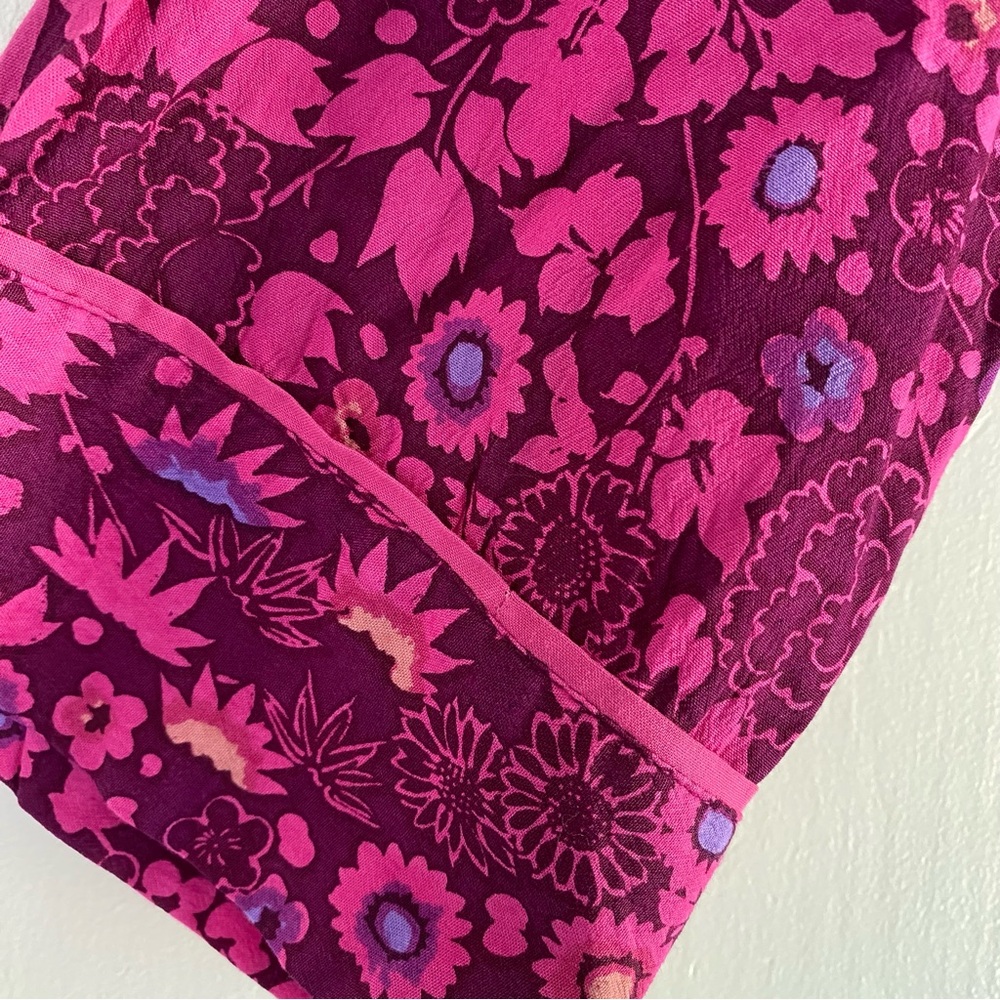 Anthropologie Jumpsuit Deep Magenta Floral Button Tie Rayon Washable Piping L - Picture 7 of 12